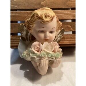 Vintage Tilso Japan Porcelain Cherub With Flowers Wall Hanging Hand Painted